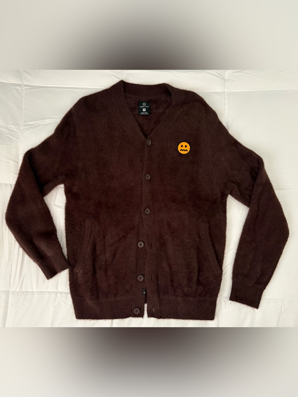 EMPYRE Frizzle Brown Cardigan w / Frown Face Emoji Patch Men’s Medium Fuzzy